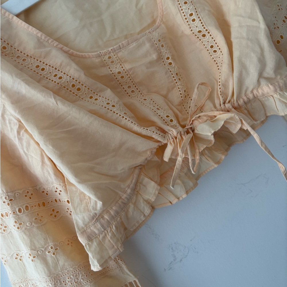 NWOT eyelet crop blouse ruffle trim drawstring crop cotton long sleeve boho top - Picture 4 of 8